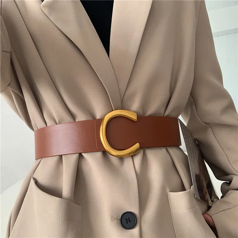 Punk Vintage Big Buckle Belts For Women New Design Black Waistbands Dress Lady Fashion Brown Wide PU Leather Waist Strap Coat