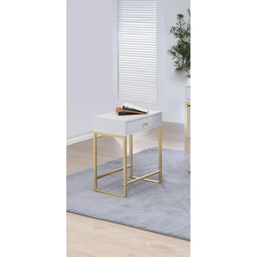 Side Table End Table Nightstand in White & Brass US Warehouse In STOCK