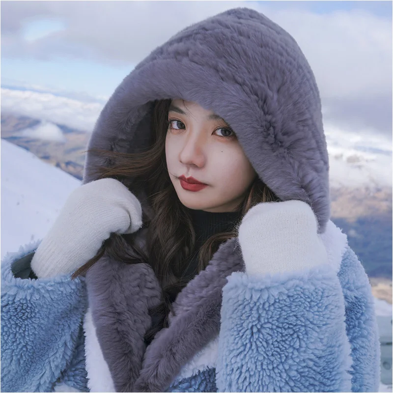 

Hat female 2024 new knitted real rex rabbit fur hooded hat scarf winter warm natural fur hat neck scarf