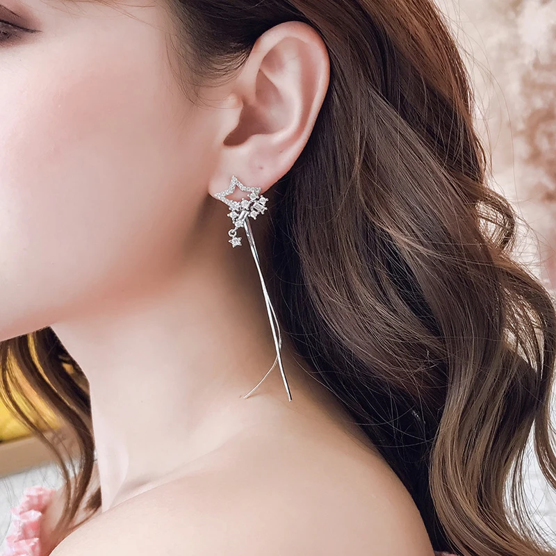 New Bohemia Long Tassel Zircon Drop Earrings 925 Sterling Silver Star Rhinestone Ear Stud Dual Use Pendant Earing Women Jewelry