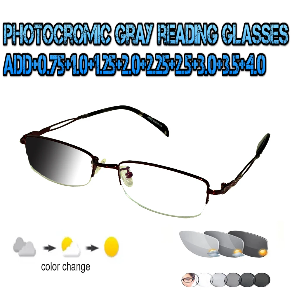 

Photochromic Gray Reading Glassesrectangular Metal Frame Ultralight Trend High Quality Fashion Ladies Women+0.75To+4.0