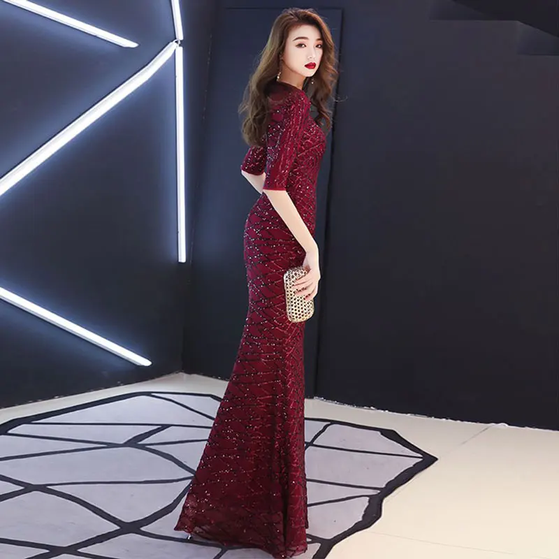 스트레치 스팽글 섹시한 머메이드 하프 슬리브 vestidos de fiesta de noche 파티 파티 이브닝 드레스 robe de soiree gown long frock