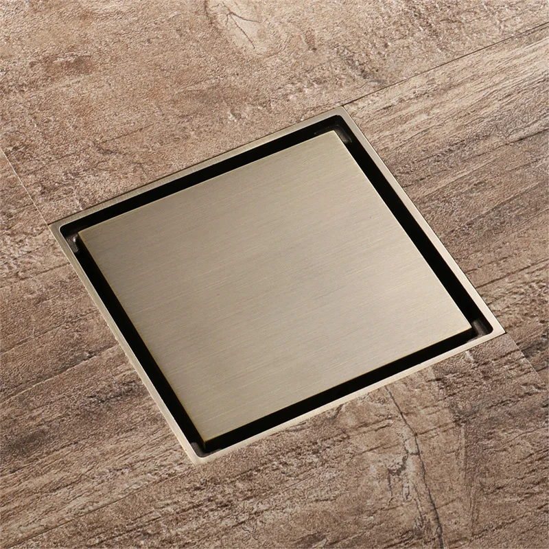 Floor Drain 10cm*10cm Shower Floor Drain 304 SUS Brushed Gold Bathroom Deodorant Conceal Floor Drain Strainer Cover Grate Waste
