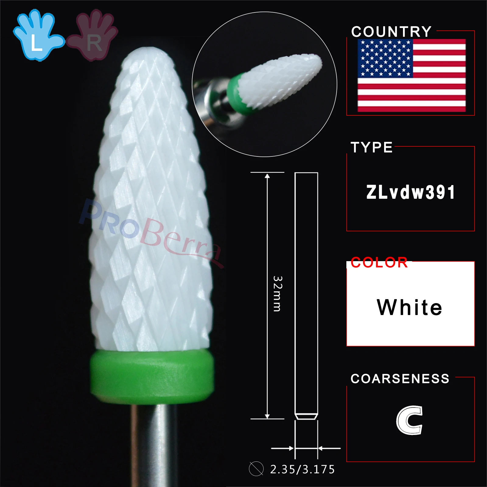 RolinStar White Ceramic Left Handed Person Flame Bit designated milling cutters removel gel polish varnish Nail Drill Bit