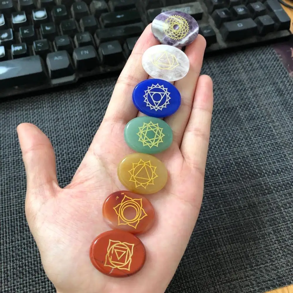 Seven Engraved Holistic Balancing Polished Reiki Healing Solids Crystal Mens Chakra Symbols Tumbled Palm Stone Set