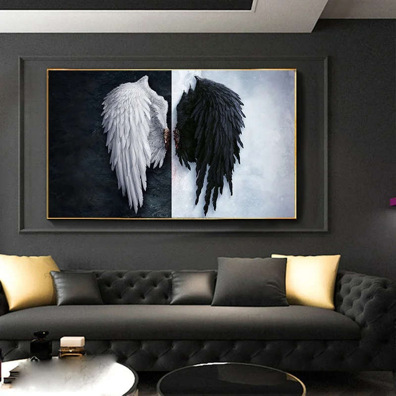 

Black&White Modern Angel Wings Feather Wall Art Canvas Prints Paintings on The Wall Picture for Living Room decoration No Frame