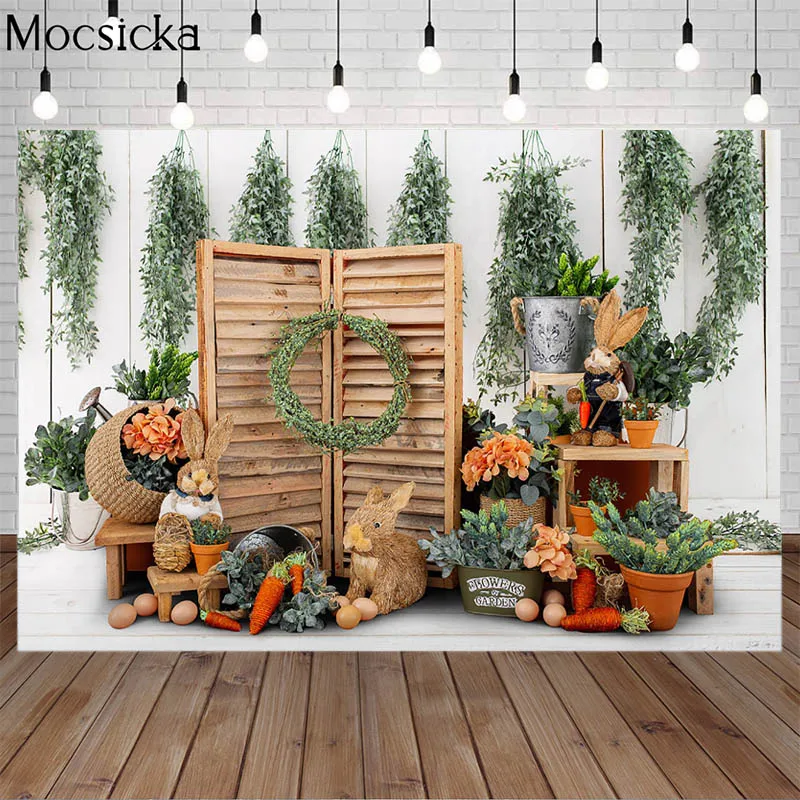 Easter Bunny การถ่ายภาพฉากหลังฤดูใบไม้ผลิดอกไม้พืชสีเขียวใบ Decor กระต่ายเด็ก Party Photcall ภาพพื้นหลัง Photostudio