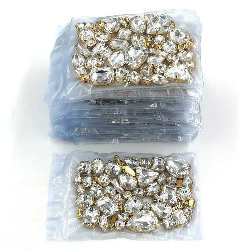 New arrival Wholesale 5 bags mixed shape sew on glass crystal White  rhinestones gold base for clothing/dress