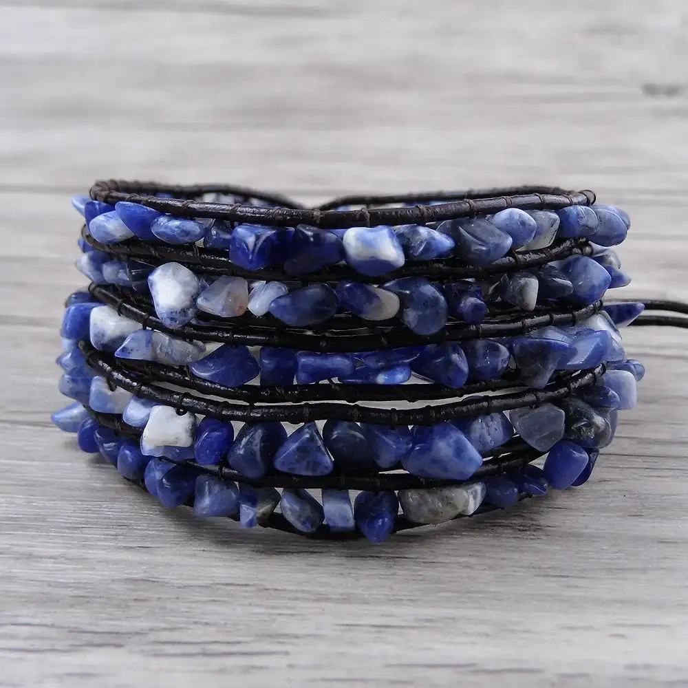 Natural Lapis Lazuli Raw Stone Gravel Bead Leather Bracelet Blue Chip Beads Wrap Stackable Bracelet Jewelry Drop shippig