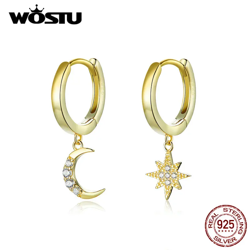 WOSTU Authentic 925 Sterling Silver Star & Moon Earrings For Women Hot Fashion Gold Color Zircon Earrings Fashion Jewelry CQE785