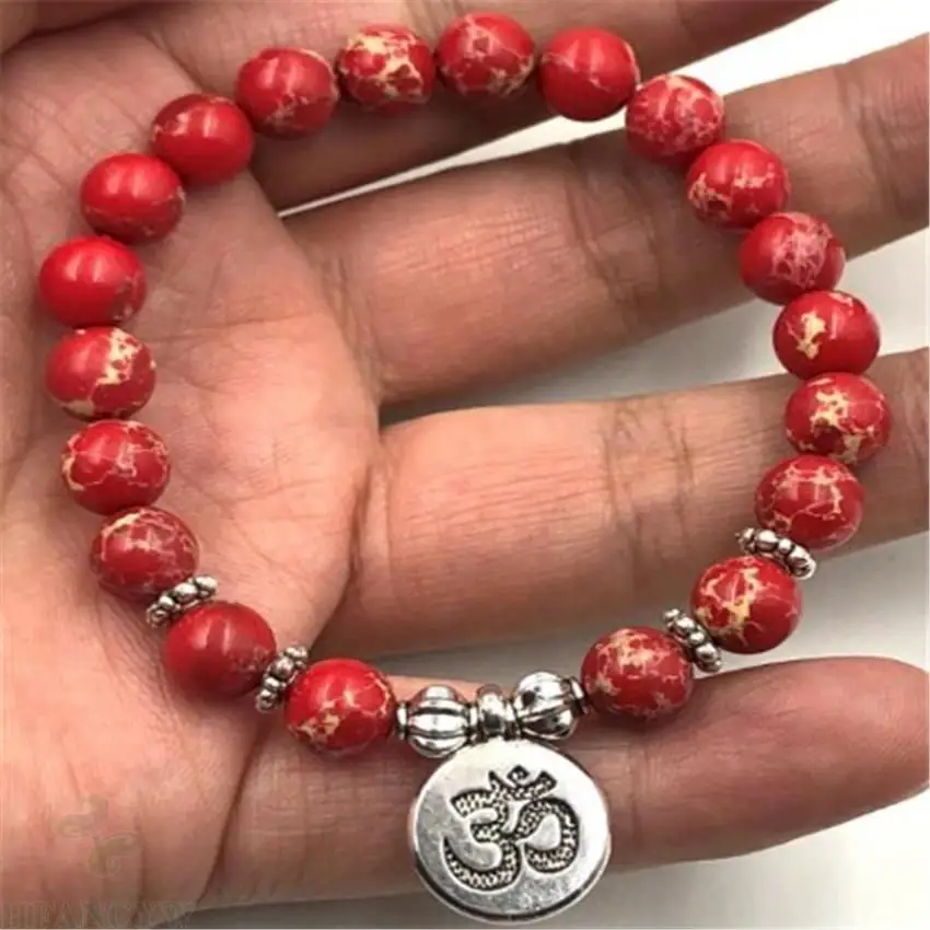 

8mm red Imperial Jasper Gemstone Mala Bracelet Lotus pendant Lucky Reiki yoga Energy Buddhism Tibet silver Monk Stretchy