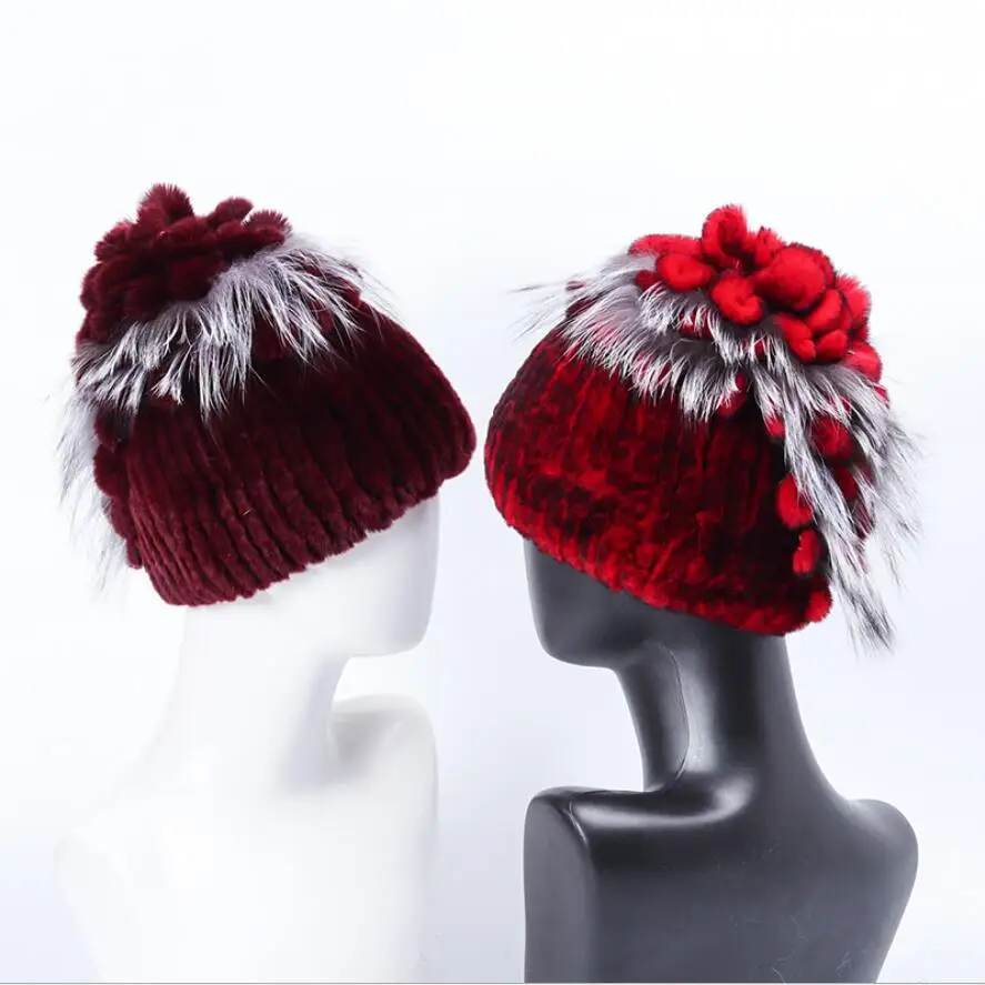 

Hat for Women Real Rex Rabbit Fur Autumn Winter Knitted Rose Flower Furry Warm Beanies H24
