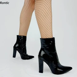 Rontic Handmade Women Winter Ankle Boots Patent Leather Block Heels Side Zipper Pointed Toe Black Night Club Shoes US Size 5-15