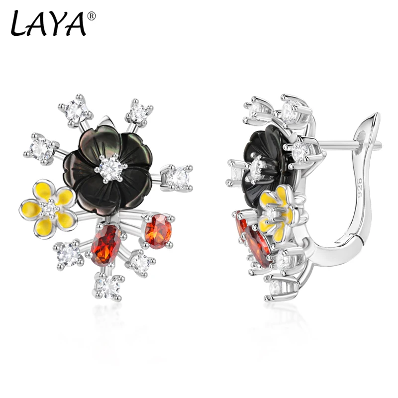 

Laya 925 Sterling Silver Fashion Natural Shell Flower High Quality Zircon Cilp Earrings For Women Wedding Jewelry 2022 Trend