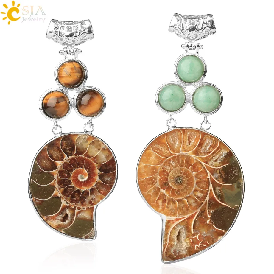 CSJA Bohemia Ketting Pendant Natural Ammonite Shell Round Charm Opal Pink Quartz Tiger Eye Semi Precious Stone Bead E249