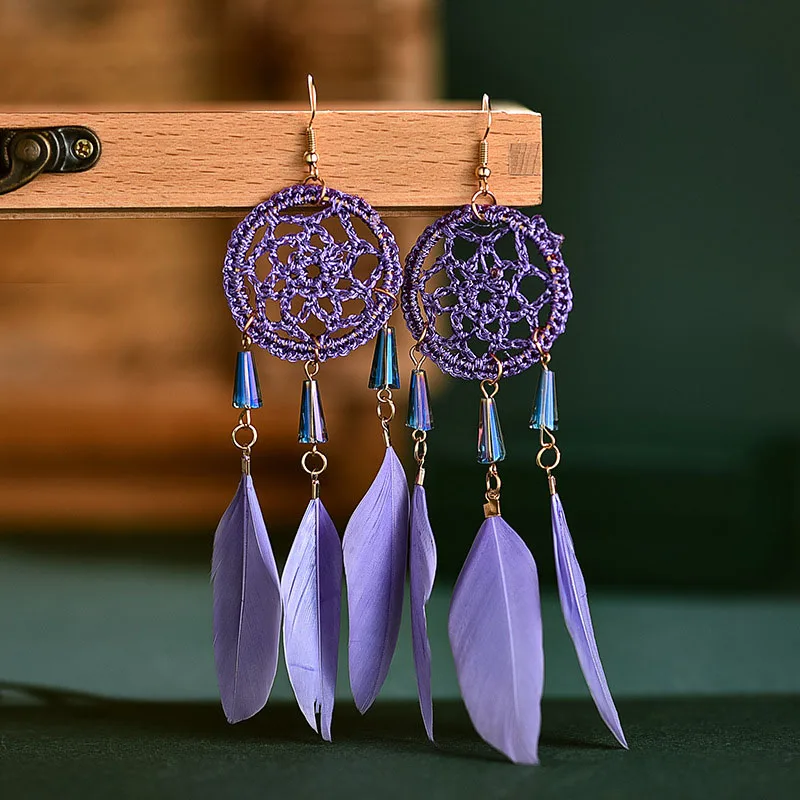 Feather Fringed Dreamcatcher Long Earring for Women Red Blue Black Feather Tassel Earrings Handmade Boho Ethnic Earings Jewelry