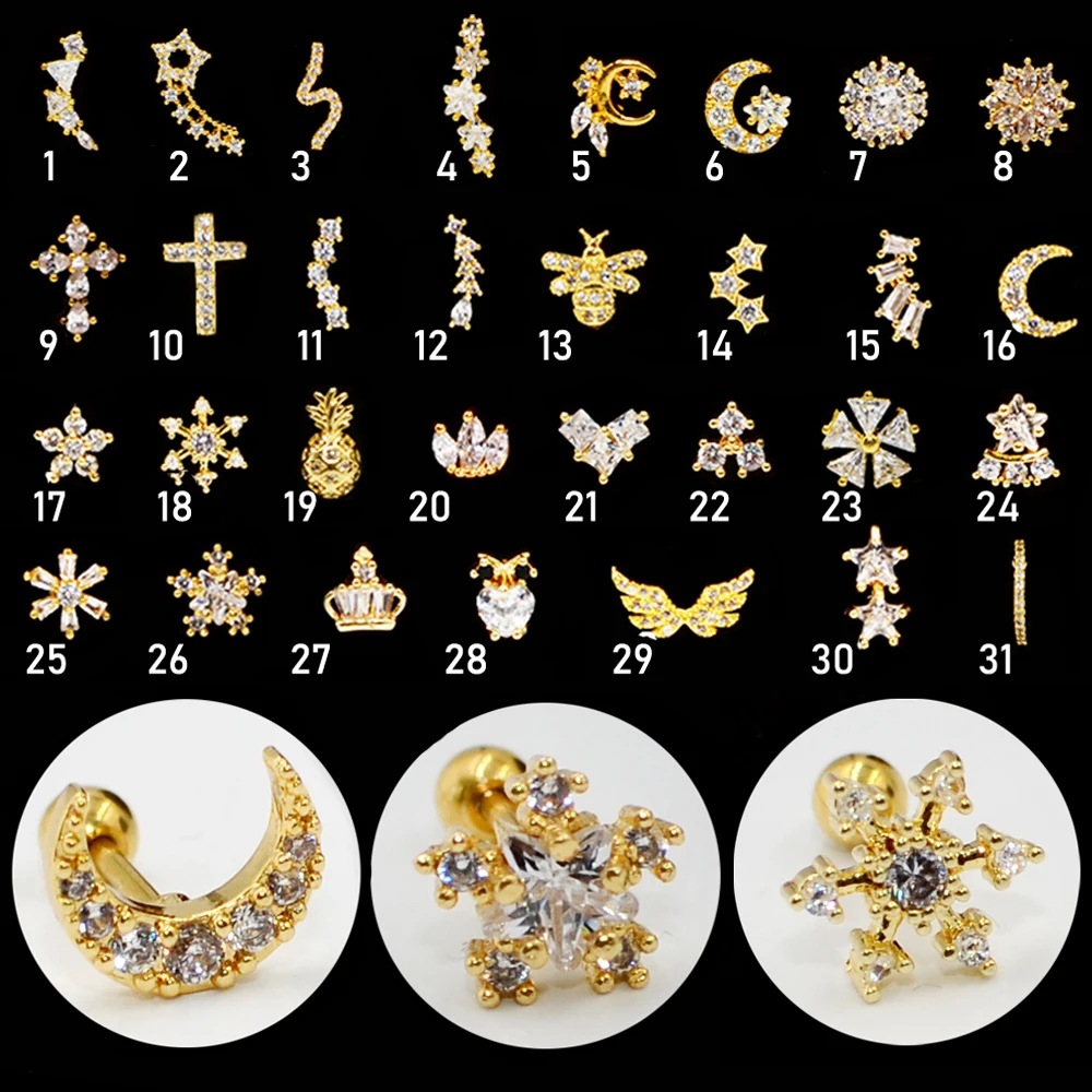 1PC Zircon Ear Tragus Cartilage Helix Rook Conch Screw Back Earring 20g Stainless Steel Studs New Body Piercing Jewelry