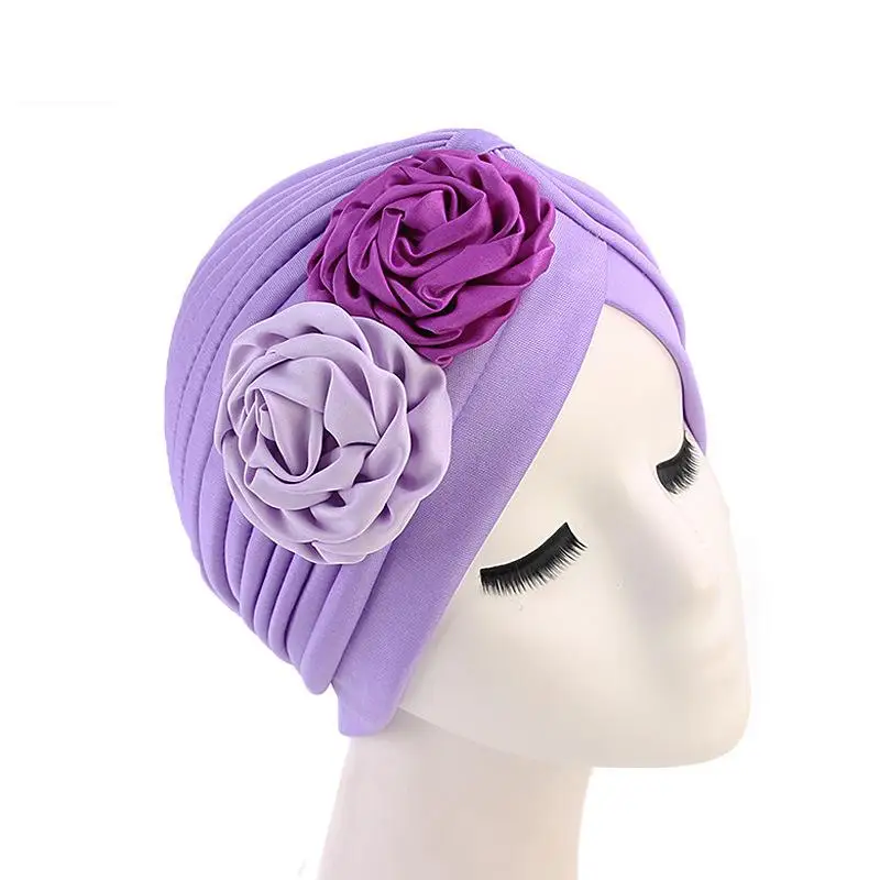 Women Double Flower Turban Hat Muslim Beanie Bonnet Chemo Cancer Cap Pleated Head Scarf Covers Islamic Fashion Head Wrap Stretch