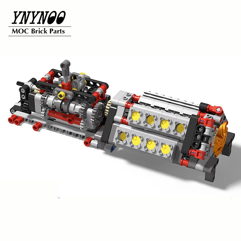 Mechanical Motor Group V16 Cylinder Engine Matched 6 Speed Gearbox MOC Building Bricks Parts Pack Blocks Model DIY Education Toy