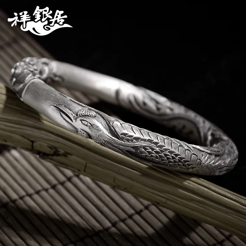 ★silver jewelry S999 fine silver phoenix peony silver bracelet national wind restoring ancient ways is silver bracelet