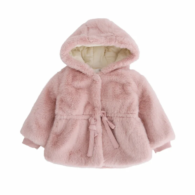 Girls\' Hooded Plush Jacket Children\'s Jackets Warm Kids Jacket Boys Baby Winter Clothes Fluffy Jacket Coat Outdoor 2023 Tie Bow