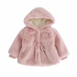 Girls' Hooded Plush Jacket Children's Jackets Warm Kids Jacket Boys Baby Winter Clothes Fluffy Jacket Coat Outdoor 2023 Tie Bow