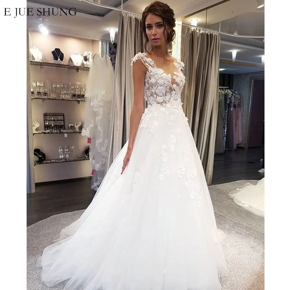 

E JUE SHUNG White Lace Appliques Boho Wedding Dresses Sheer Back Luxury Beach Bride Dresses Wedding Bridal Gowns