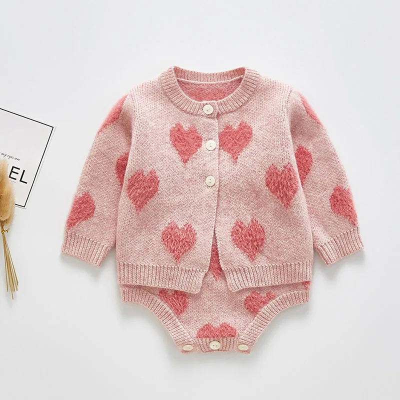 2024 New Pattern Baby Jumpsuit Girl Spring And Autumn Sweater love Print Jacket + love Print Jumpsuit Two Piece Suit