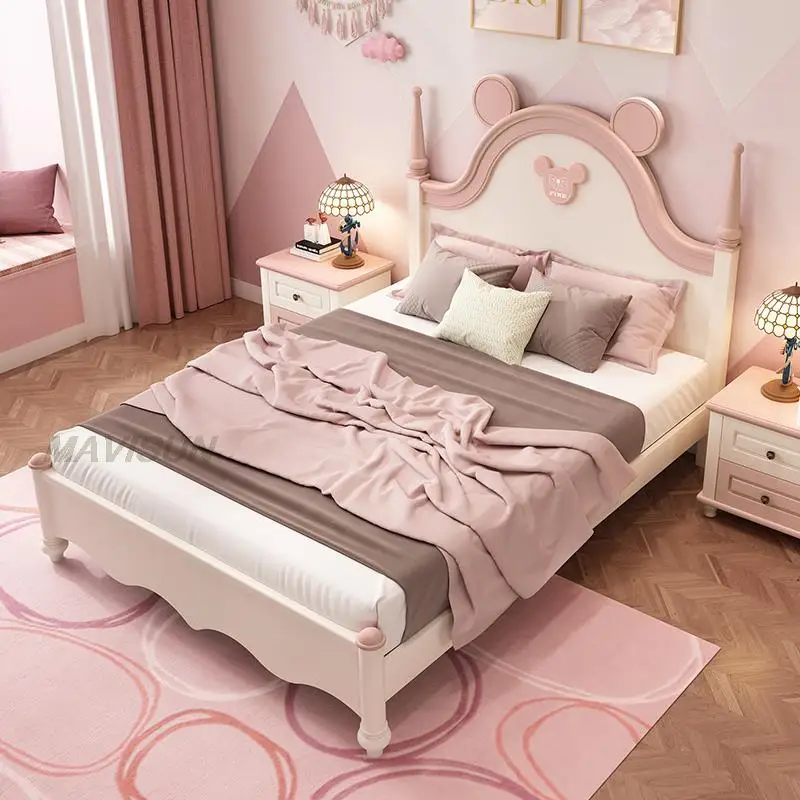 Minimalist Modern Pink Bed Children Kids Wooden Bed With Mattress Two Bedside Tables Custom Simple Bedroom Furniture Set