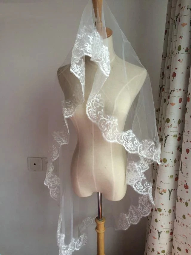 Velo da sposa avorio bianco con bordo in pizzo a uno strato velo da sposa lungo accessori da sposa economici Veu de Noiva