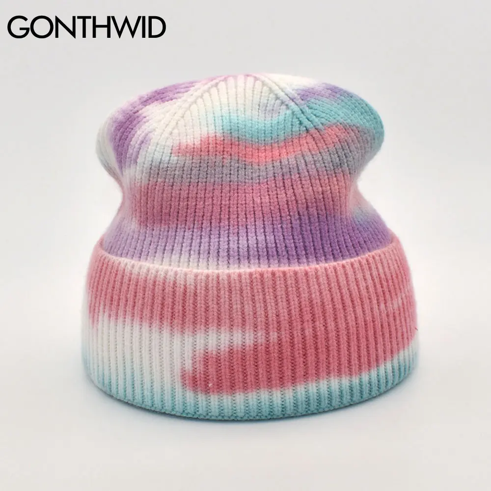 GONTHWID Unisex Knitted Tie Dye Beanies Men Women Brimless Skullcap Streetwear Winter Hip Hop Casual Headwear Bonnets Hats Caps