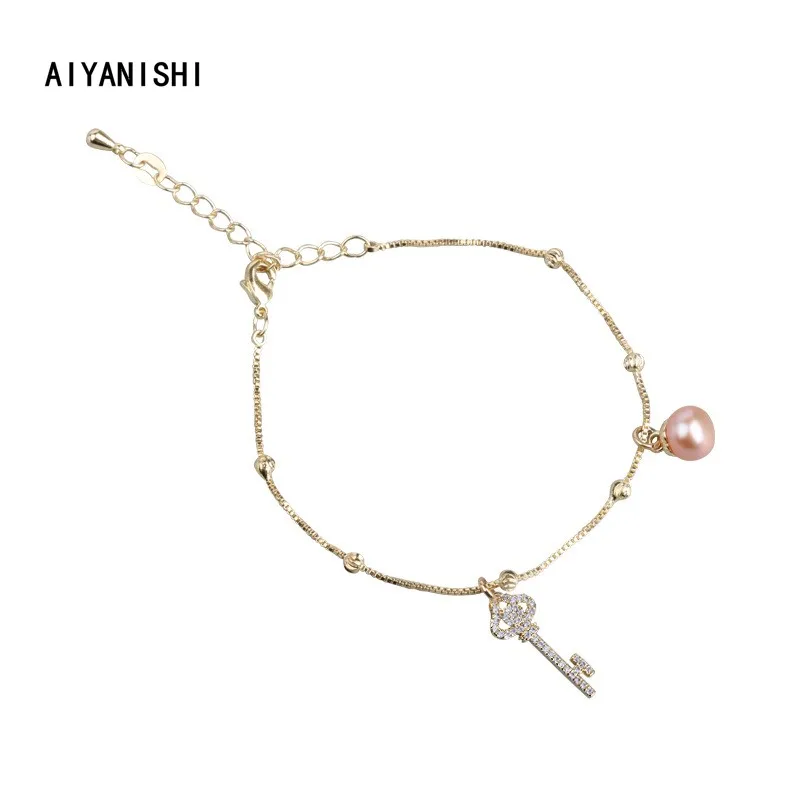 

AIYANISHI 18K Gold Filled Natural Freshwater Pearl Bracelets For Woman Key Charm Bracelets Wedding Engagement Party Jewelry Gift