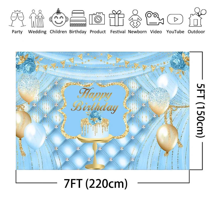 Mocsicka Happy Birthday Party Banner Backdrop Gold Balloon Blue Headboard Boy Birthday Party Photography Background Photoshoot