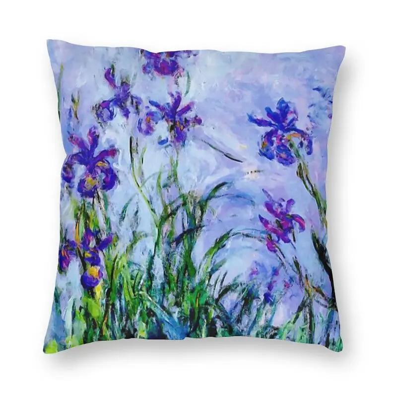 Claude Monet Lilac Irises Cushion Cover Two Side Printing Famous Oil Painting Throw Pillow Case for Sofa Pillowcase Decoration