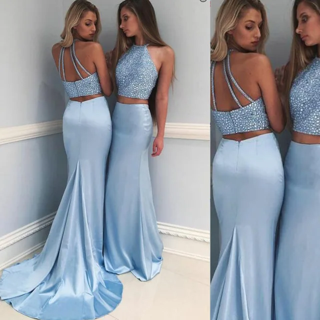 

New Arrival Sexy Sky Blue Party Evening Dresses Vestido de Festa Mermaid Beading Two Pieces Prom Formal Gowns Robe De Soiree