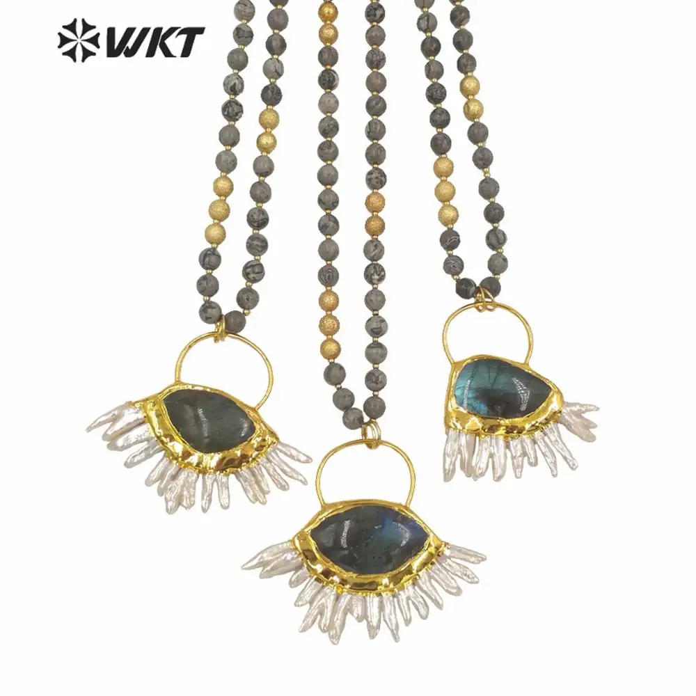 

WT-N1242 WKT 30 inch long 8mm round picture stone statement pendant necklace fashion women long pearl with labradorite necklace