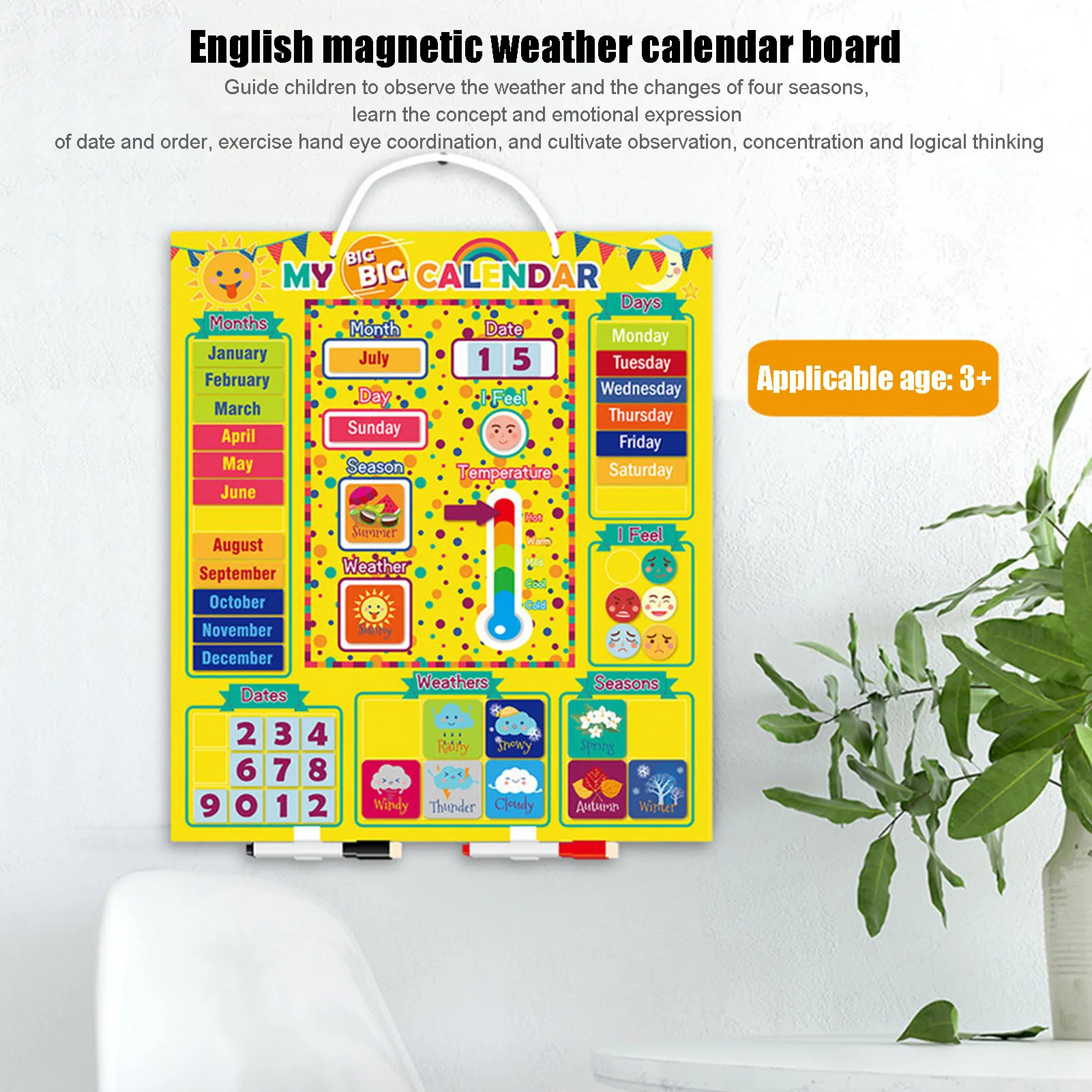 Inglês Magnetic Weather Calendar for Kids, Innovative First Calendar Toys, Educação Infantil, # HY