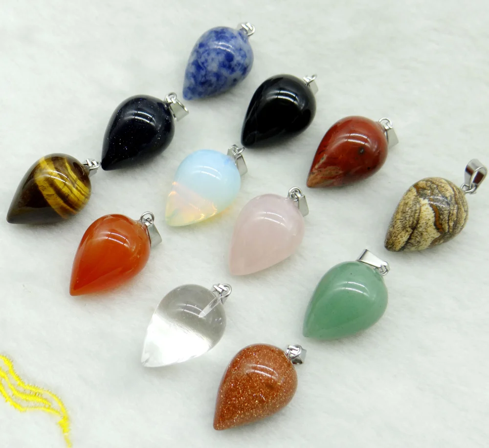 Natural Stone Quartz Agate Crystal Unakite Round Round Conical Shape Pendant Jewelry Making Necklace Accessories 12pc