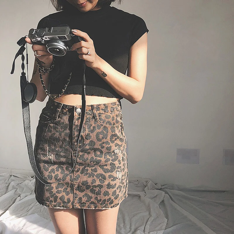 Sexy Leopard Print Denim Skirt Women Summer Bodycon High Waist Pencil Skirt Streetwear Women Fashion Casual Mini Skirt Faldas