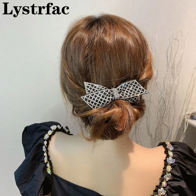 Lystrfac Black Bow Design Bling Rhinestone Hairpin for Women Girls Fashion Vintage Female Side Spring Hairclip Ladies Headwear