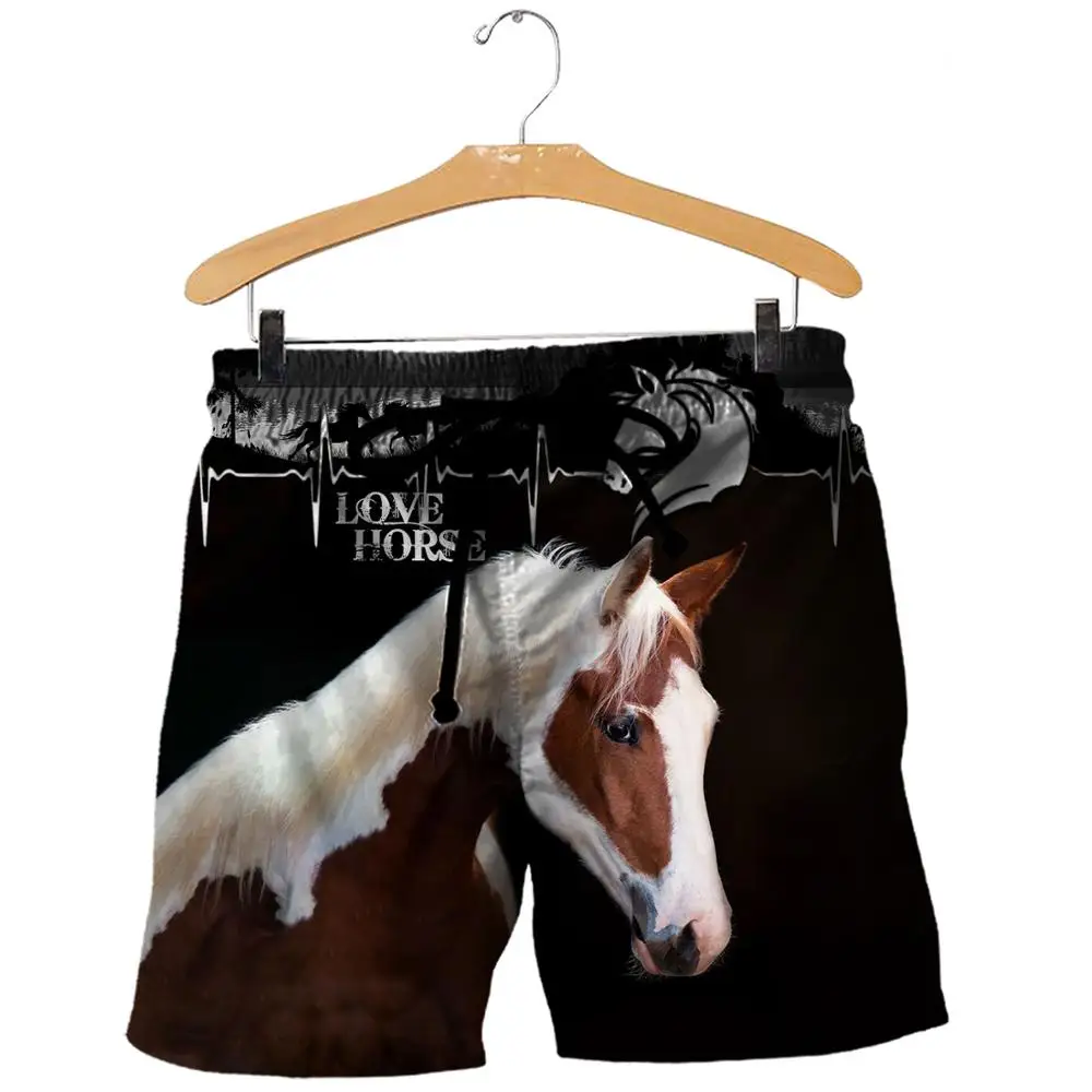 Love Horse Full Printed Mens Shorts Unisex Hip Hop Streetwear Elastic Waist Summer Beach Harajuku Casual Shorts Have belt