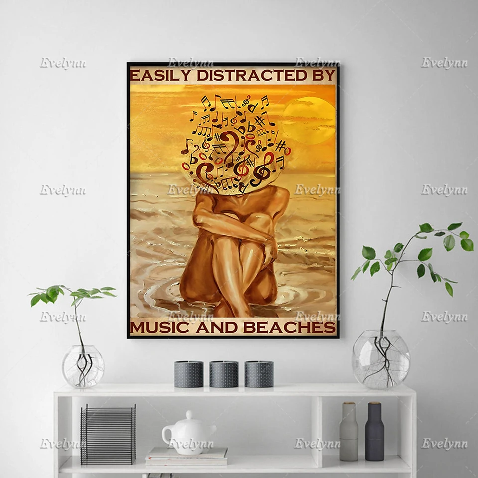 Girl Easily Distracted By Music And Beaches Poster Music Lovers Poster Bedroom Wall Art Prints Home Decor Canvas Floating Frame