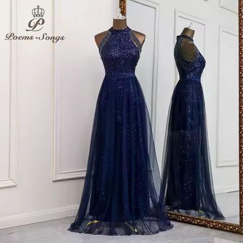 Exquisite sequin A-line style Navy blue evening dress prom dresses evening gowns vestidos de fiesta robe de soir&eacute;e de mariage