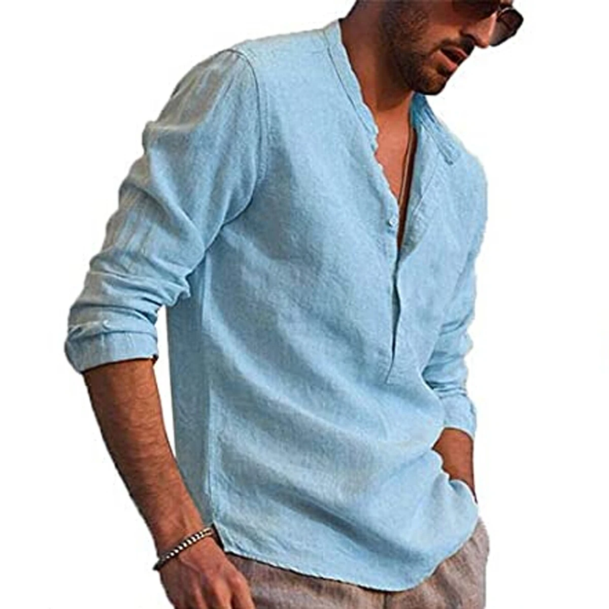 Men Shirts Solid Color Stand Collar Long Sleeve Cotton Linen Shirt Men’s Top Autumn Spring New Fashion Plain Casual Shirt S-2XL