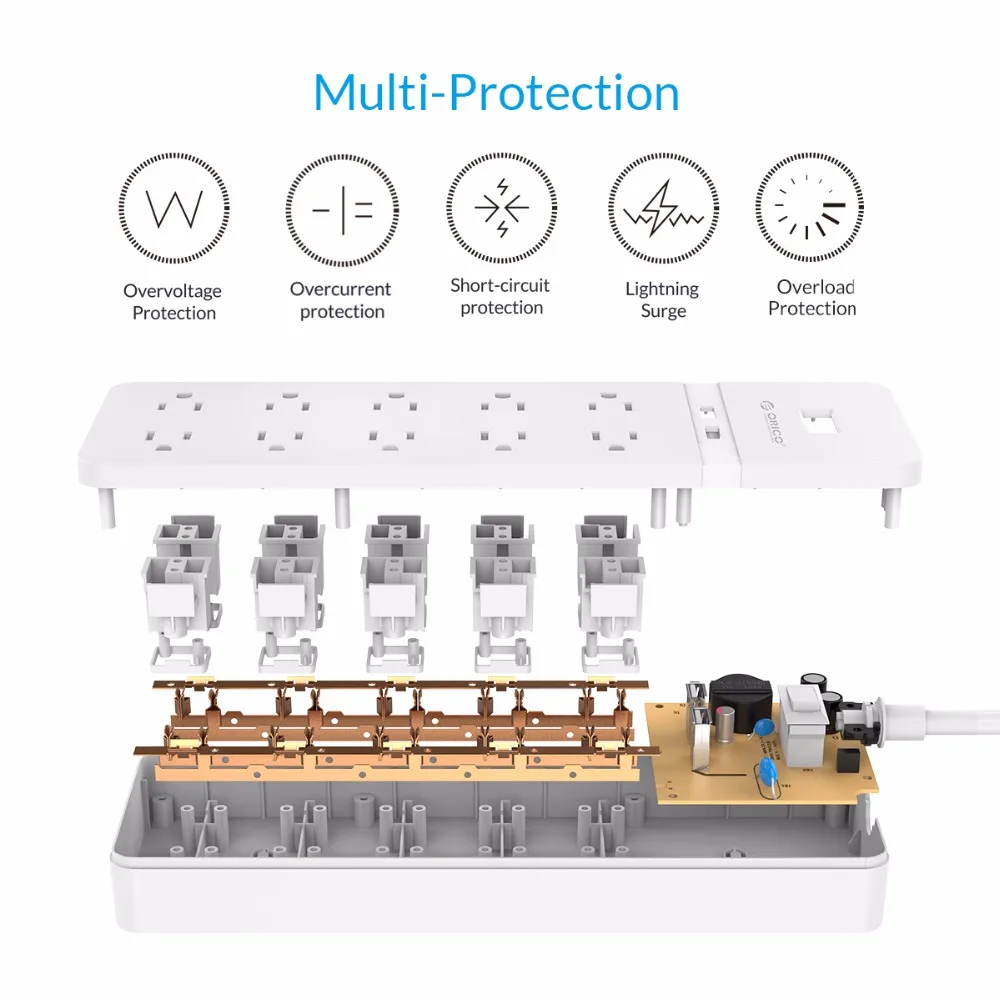 ORICO US Plug Electrical Socket Power Strip 8AC Outlets 2 USB Ports For Home Office Surge Protector