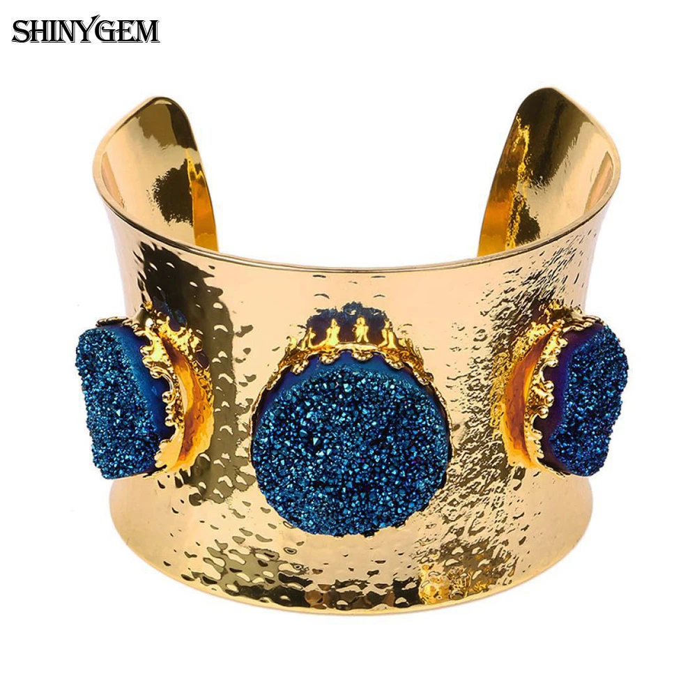 ShinyGem Wild Style Round Natural Crystal Druzy Bangles Charm Gem Stone Gold Plating Large Open Cuff Wrist Bracelet For Women