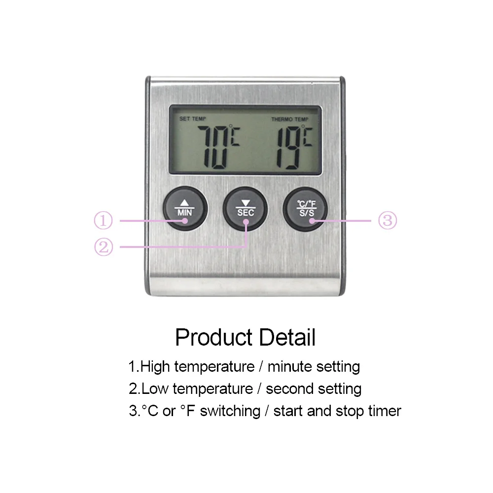 Digital Cooking Thermometer Food BBQ Baker Temperature Meter 0-250C with Temperature Probe Clock Timer Alarm Function