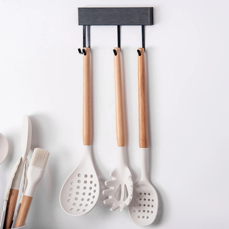 White Cooking Kitchenware Tool Silicone Utensils With Wooden Multifunction Handle Non-Stick Spatula Ladle Egg Beaters Shovel