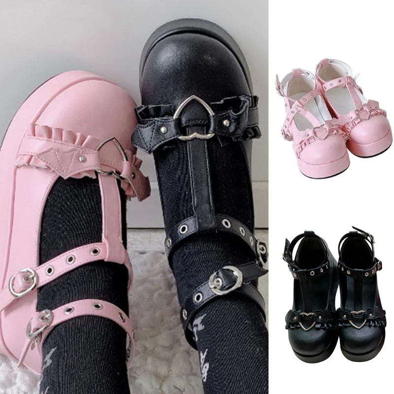 Women Shoes Loli Sweet Lolita Shoes Platform Round Head Thick Heel Cross Bandage Women Shoes Kawaii Cosplay Mary Jane