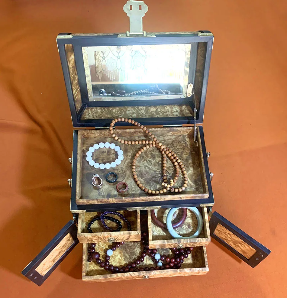

Шкатулка-органайзер из золотистого камфорного дерева Бирмы для косметики и украшений, с рамкой из черного дерева, коллекционная, свадебный подарок, декоративная.